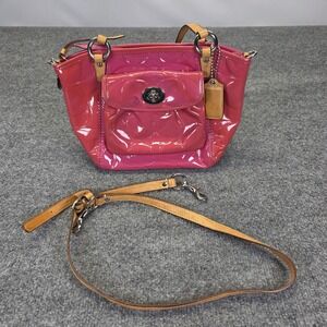 Vintage COACH C Embossed Logo LEAH 13178 Handbag Tote Coral Pink Patent Leather